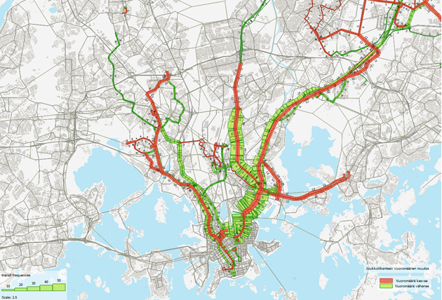 Joukkoliikenteen vuoromäärän muutos